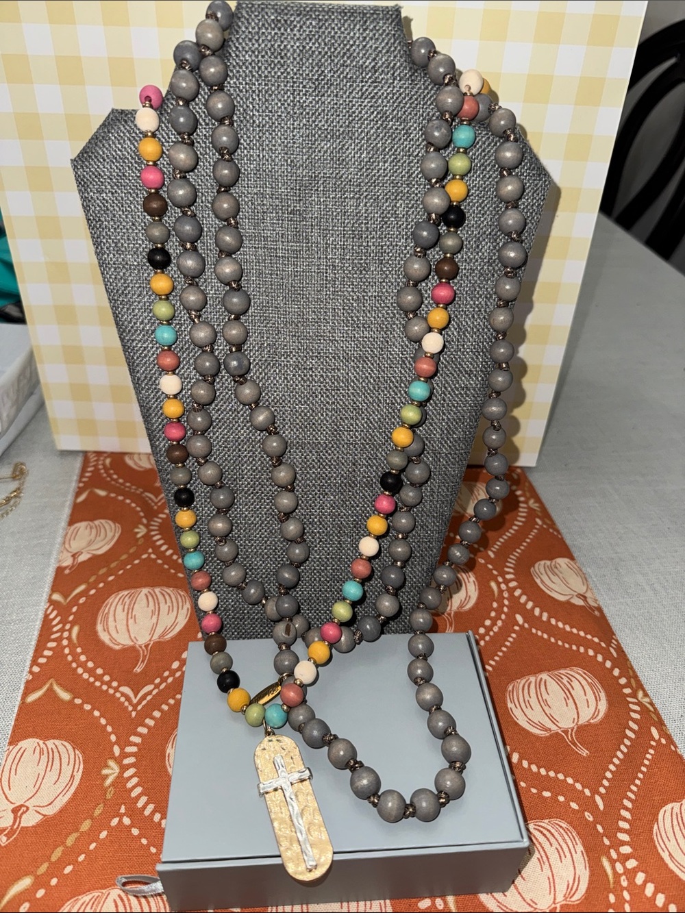 Plunder Multicolor Beaded Layered Necklace with Gray and Gold Cross